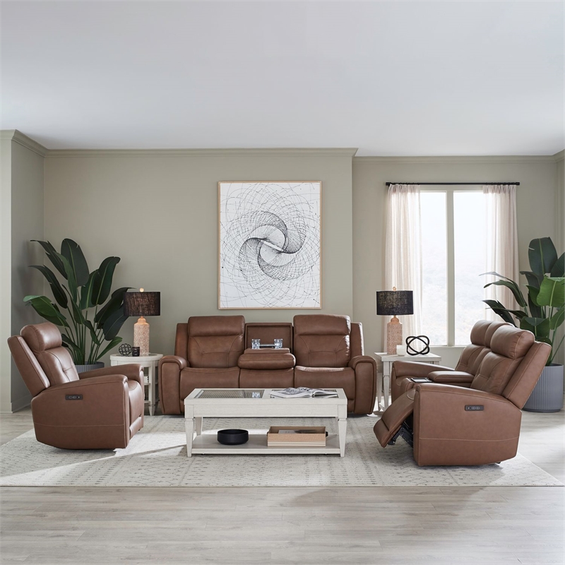 Pemberly Row Zero Gravity Power Recline Sofa with Loveseat & Recliner in Brown