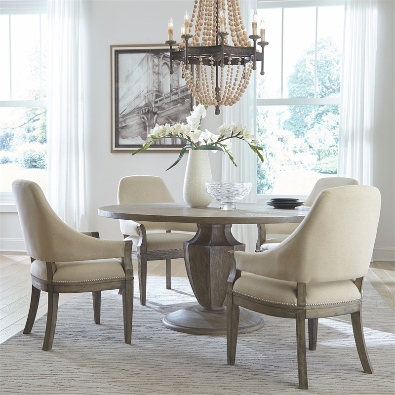 Pemberly Row 5 Piece Pedestal Dining Table Set with Arm Chairs in Brown