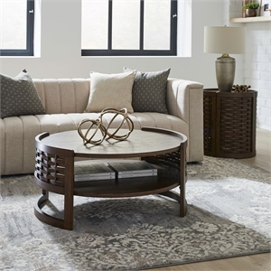Pemberly Row 3 Piece Round Cocktail and End Table Set in Brown Oak Wood