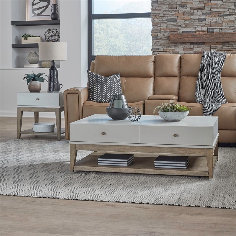Pemberly Row 3 Piece Cocktail and End Table Set with Drawers in Khaki Brown Wood