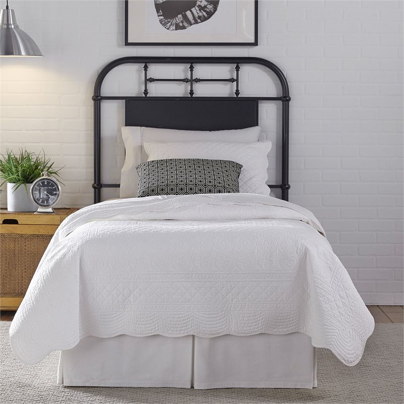Pemberly Row Twin Metal Headboard with Turned Spindles in Black Distressed