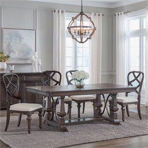 Pemberly Row 5 Piece Trestle Table Dining Set with Wood Back Chairs in Brown