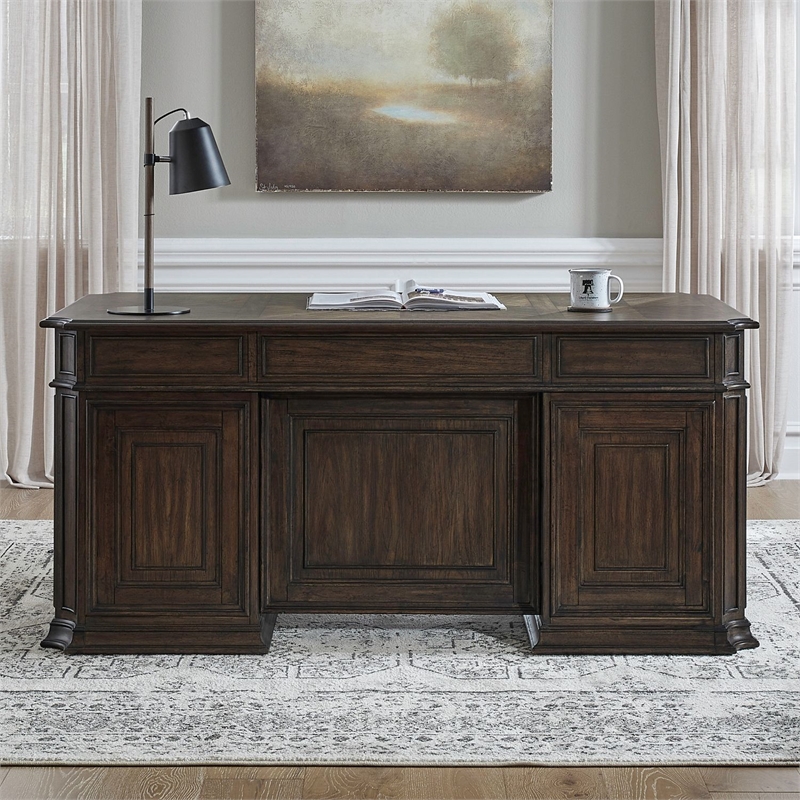 Pemberly Row 5 Piece Jr Executive Desk Set with Hutch in Chateau Brown Hickory