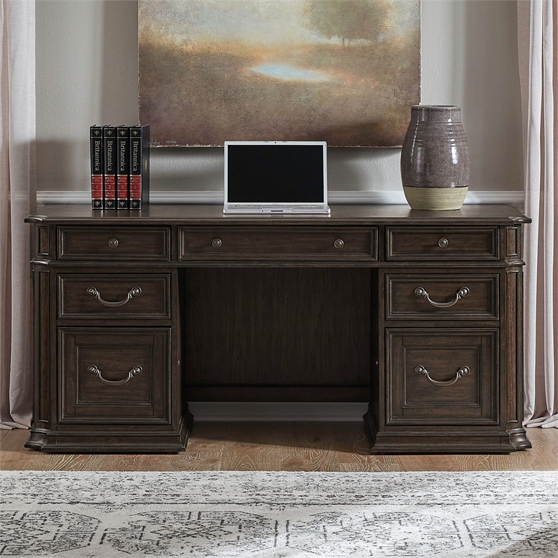 Pemberly Row 5 Piece Jr Executive Desk Set with Hutch in Chateau Brown Hickory