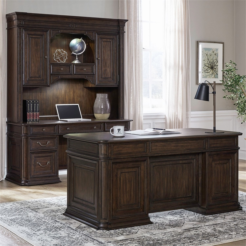 Pemberly Row 5 Piece Jr Executive Desk Set with Hutch in Chateau Brown Hickory