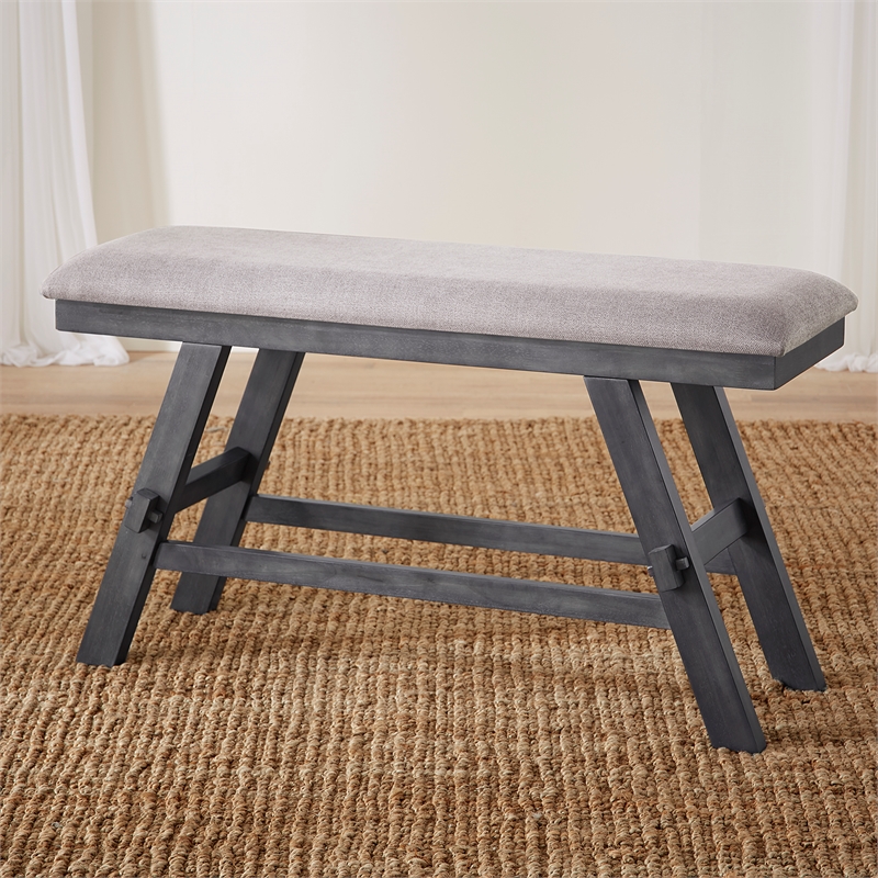 Pemberly Row Counter Height Bench with Trestle Base and Center Shelf in Gray