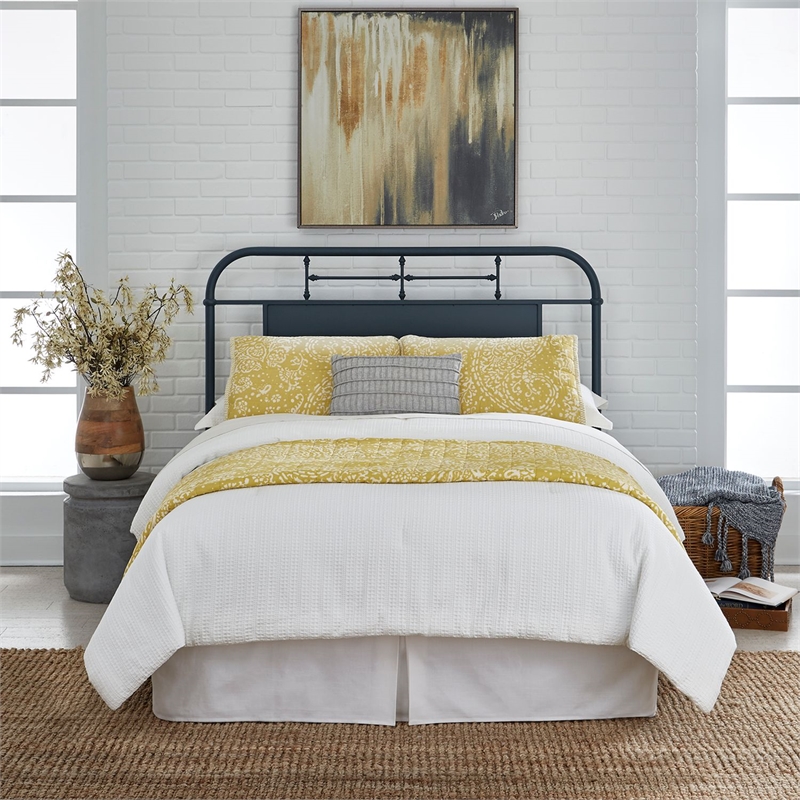 Pemberly Row Queen Vintage Metal Headboard with Turned Spindles in Navy