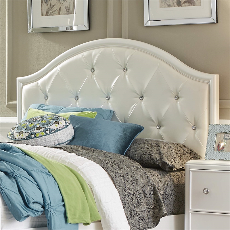 Pemberly Row Twin Panel Headboard with Crystal Tufted White Vinyl Upholstery