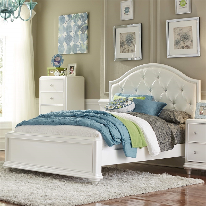 Pemberly Row Twin Panel Headboard with Crystal Tufted White Vinyl Upholstery