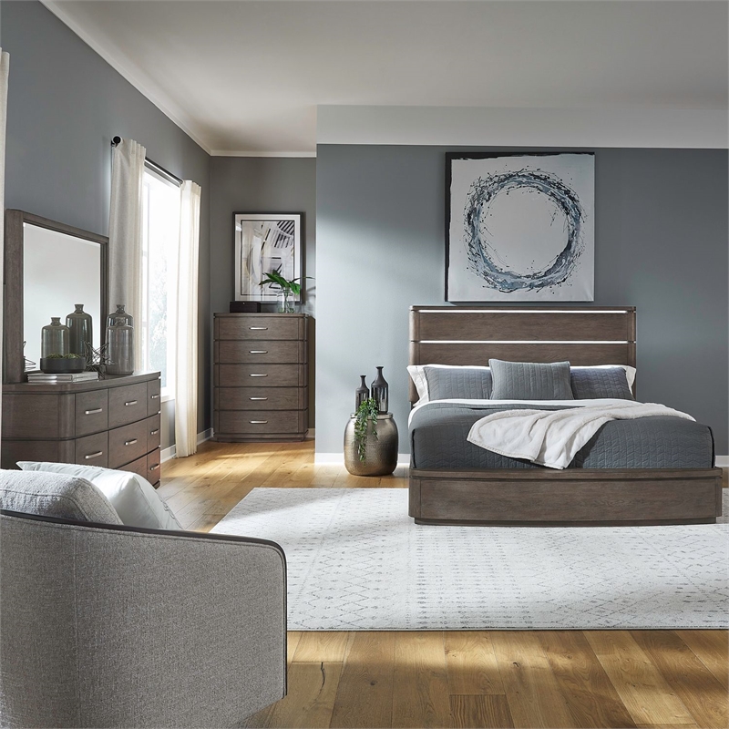Pemberly Row King 4 Piece Bedroom Set with LED Headboard in Satin Espresso