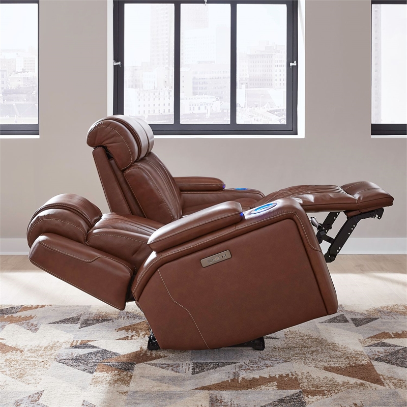 Pemberly Row Zero Gravity Sofa Loveseat and Recliner with Bluetooth in Brown