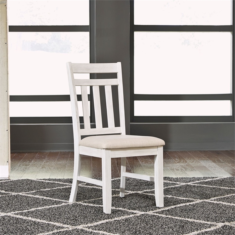 Pemberly Row Slat Back Side Chair Set of 2 with Linen Seat in Whitewash