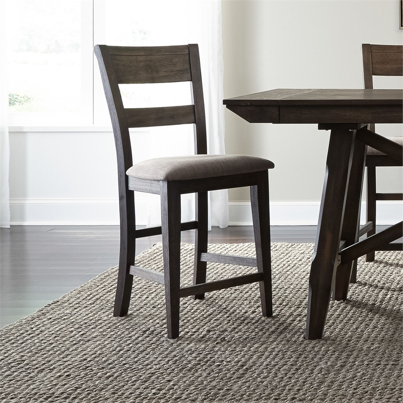 Pemberly Row Splat Back Counter Chair Set of 2 with Linen Seat in Dark Chestnut