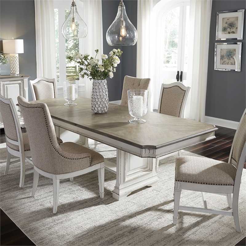 Pemberly Row 7 Piece Trestle Dining Set with Hostess Chairs in Antique White