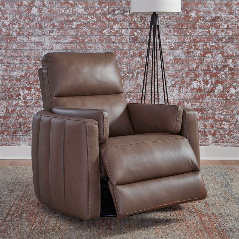 Pemberly Row Triple Power Swivel Glide Recliner with Cushion Arms in Brown