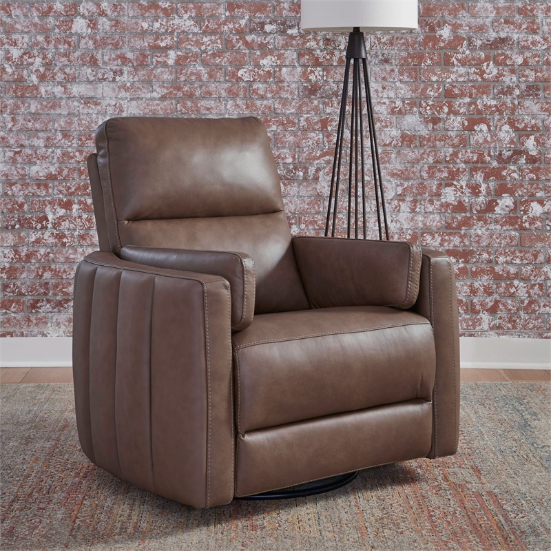 Pemberly Row Triple Power Swivel Glide Recliner with Cushion Arms in Brown