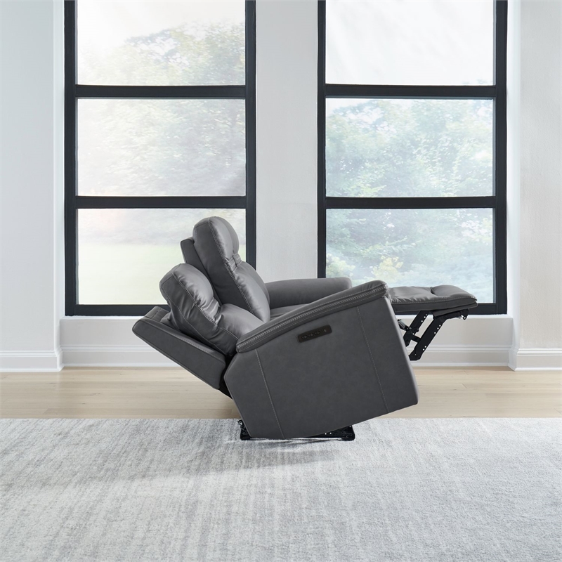 Pemberly Row Triple Power Reclining Sofa Loveseat and Recliner in Blue Gray