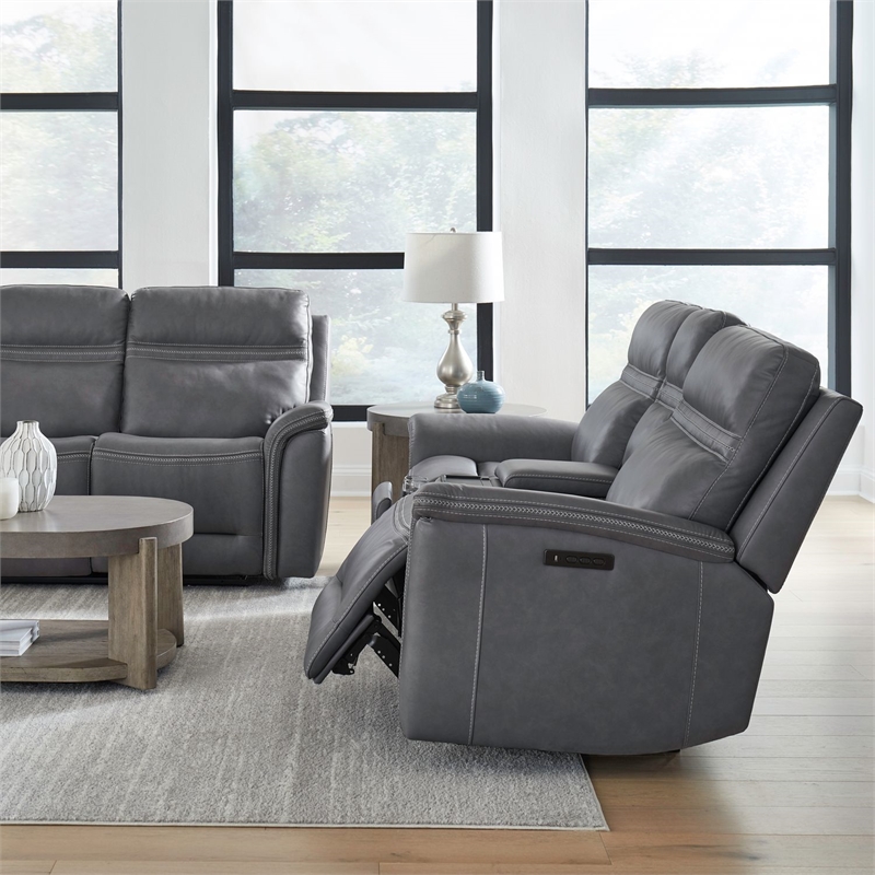 Pemberly Row Triple Power Reclining Sofa Loveseat and Recliner in Blue Gray
