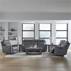 Pemberly Row Triple Power Reclining Sofa Loveseat and Recliner in Blue Gray