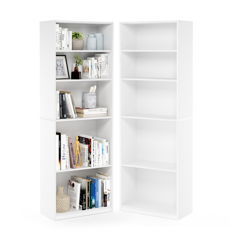 Pemberly Row Set of 2 Five Tier Bookshelf with Adjustable Shelf in White