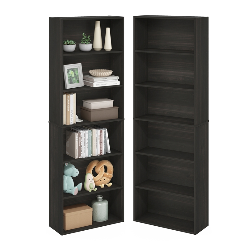 Pemberly Row Set of 2 Six Tier Bookshelf with Open Shelves in Espresso Finish