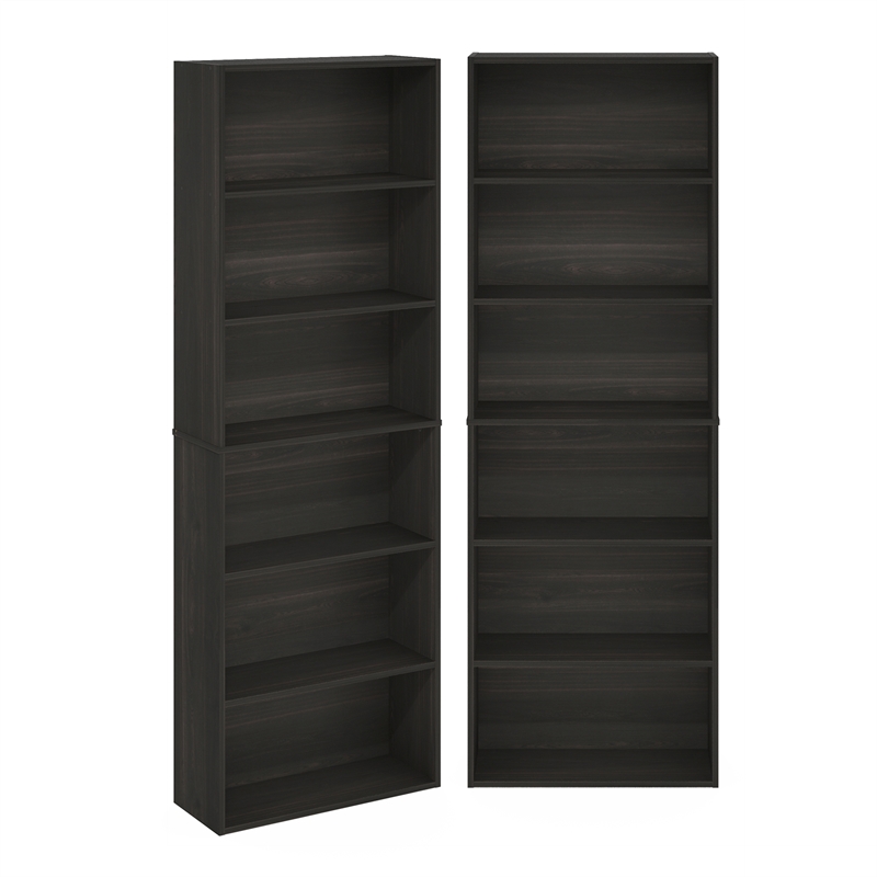 Pemberly Row Set of 2 Six Tier Bookshelf with Open Shelves in Espresso Finish