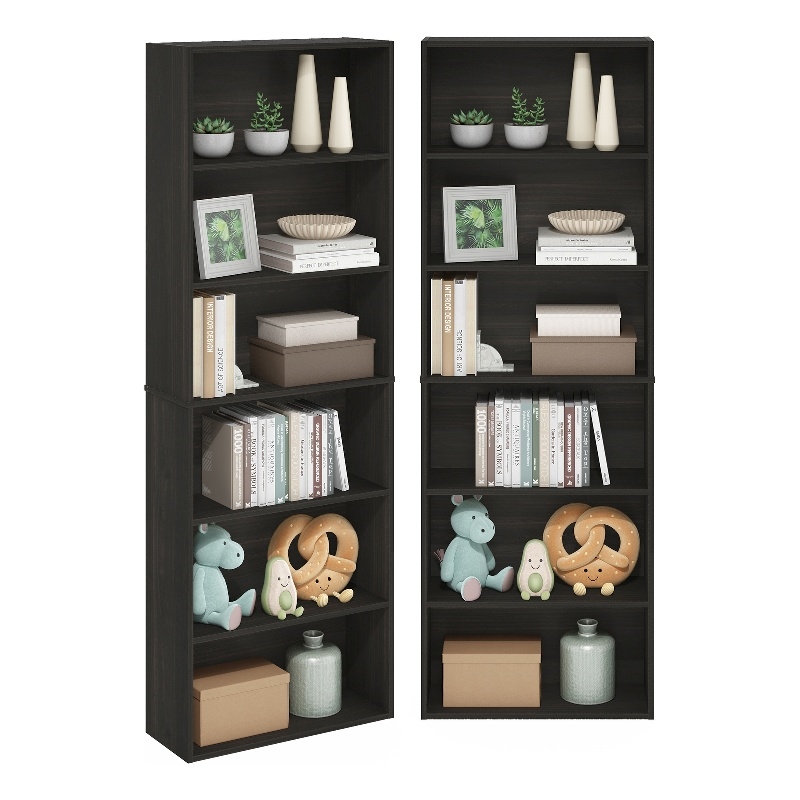 Pemberly Row Set of 2 Six Tier Bookshelf with Open Shelves in Espresso Finish