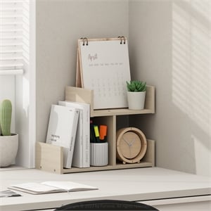 Pemberly Row Wooden Desktop Bookshelf Storage Organizer 3 Shelves in Bauhaus Oak