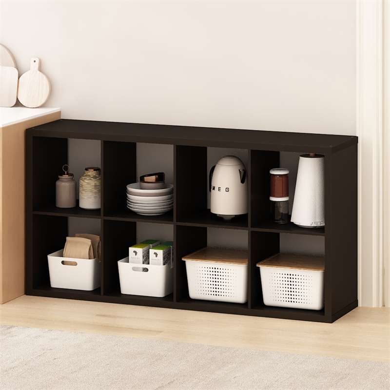 Pemberly Row 8 Cube Kitchen Island with Storage Bakers Rack in Black Oak