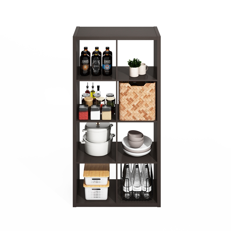 Pemberly Row 8 Cube Kitchen Island with Storage Bakers Rack in Black Oak