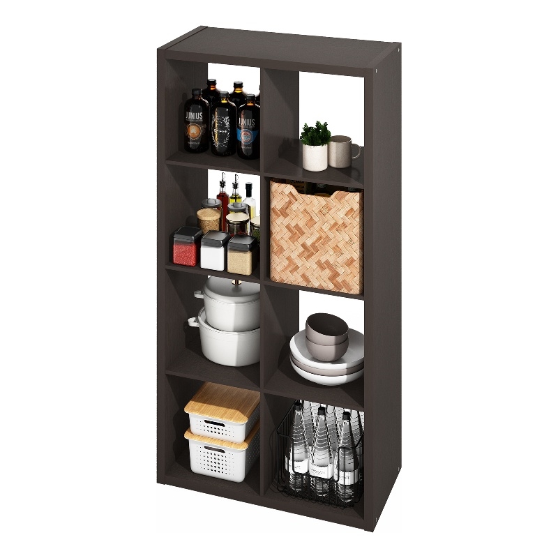 Pemberly Row 8 Cube Kitchen Island with Storage Bakers Rack in Black Oak