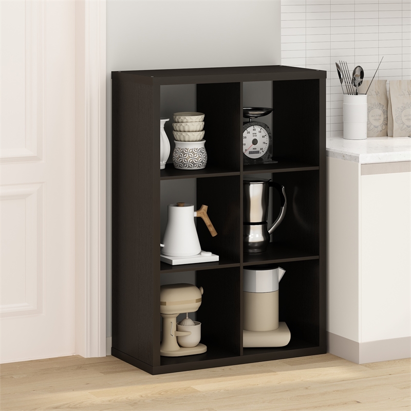 Pemberly Row 6 Cube Kitchen Bakers Rack Island with Storage in Black Oak