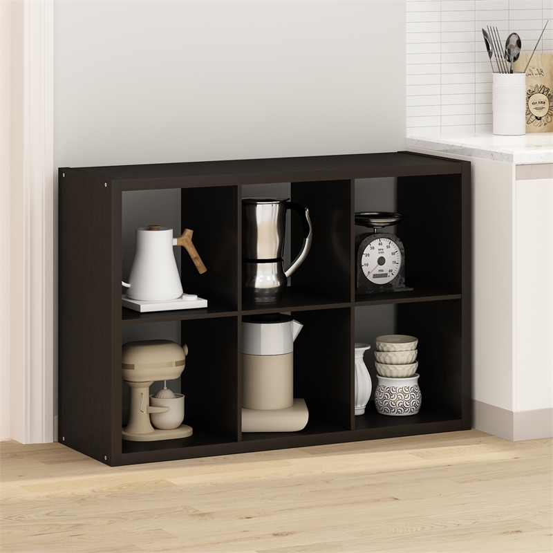 Pemberly Row 6 Cube Kitchen Bakers Rack Island with Storage in Black Oak