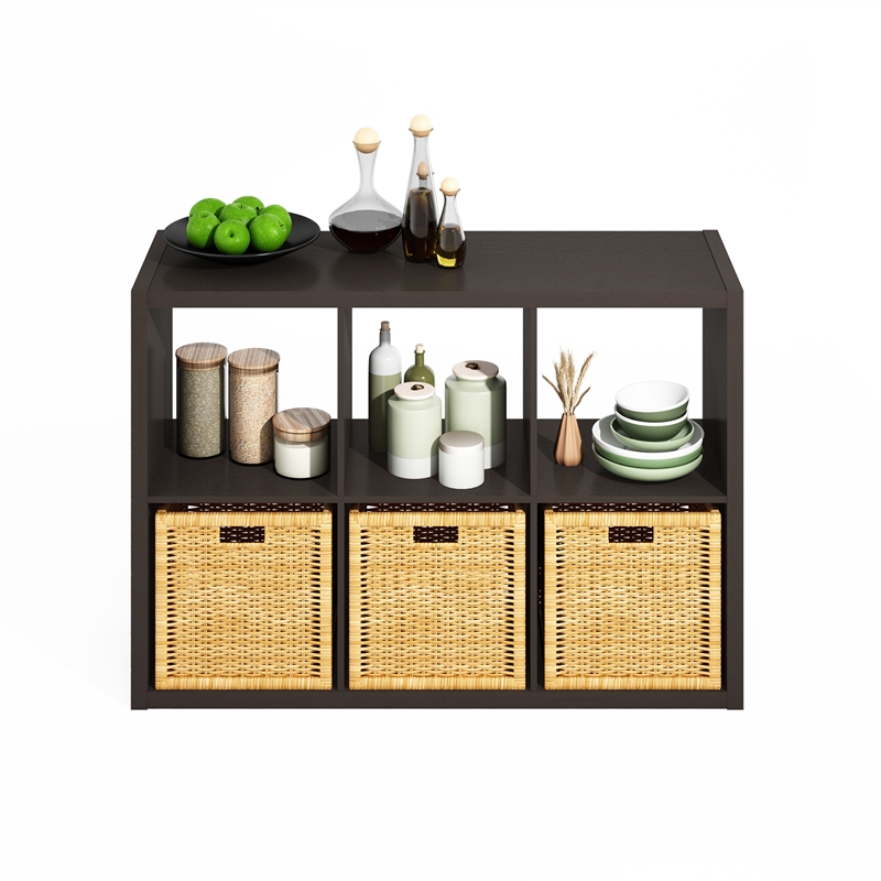 Pemberly Row 6 Cube Kitchen Bakers Rack Island with Storage in Black Oak