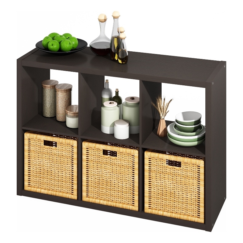 Pemberly Row 6 Cube Kitchen Bakers Rack Island with Storage in Black Oak