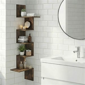 Pemberly Row 5-Tier Corner S-shape Radial Floating Bookshelf in Amber Pine