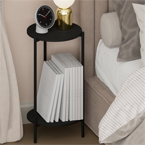 Pemberly Row 2-Tier Tall Metal Legs Round Open Shelf Nightstand in Americano