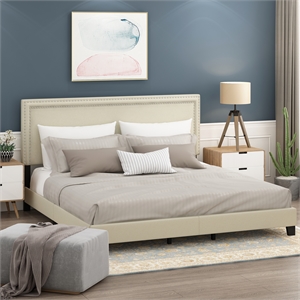 Pemberly Row King Bedframe Button Double Row Nail Headboard in Light Beige