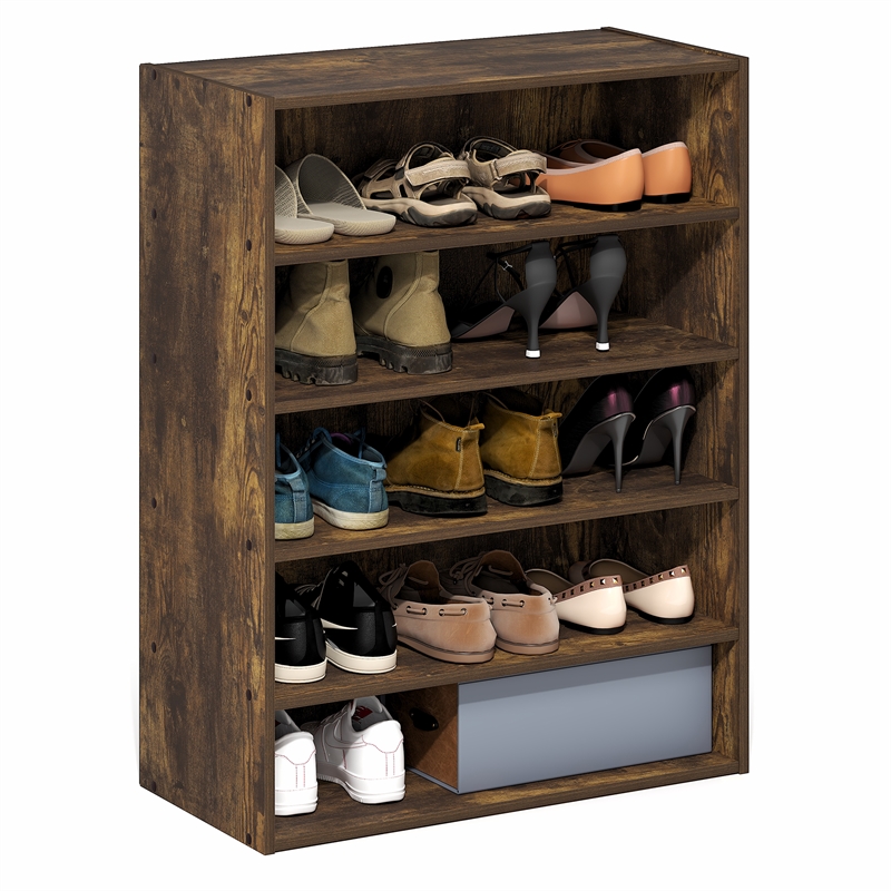 Pemberly Row 5-Tier Stackable Shoe Rack for Closet Entryway in Amber Pine