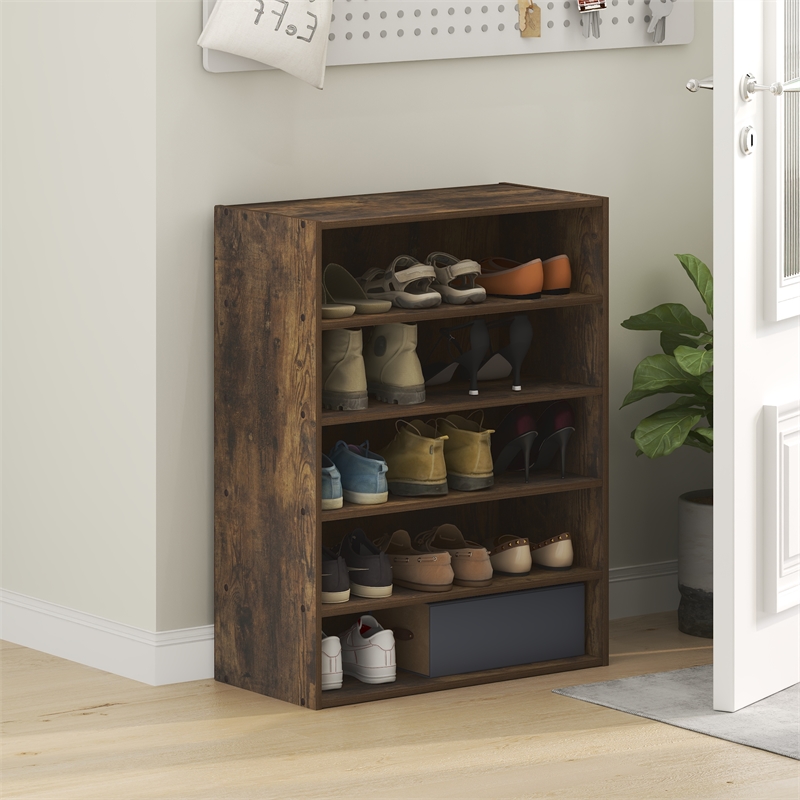 Pemberly Row 5-Tier Stackable Shoe Rack for Closet Entryway in Amber Pine