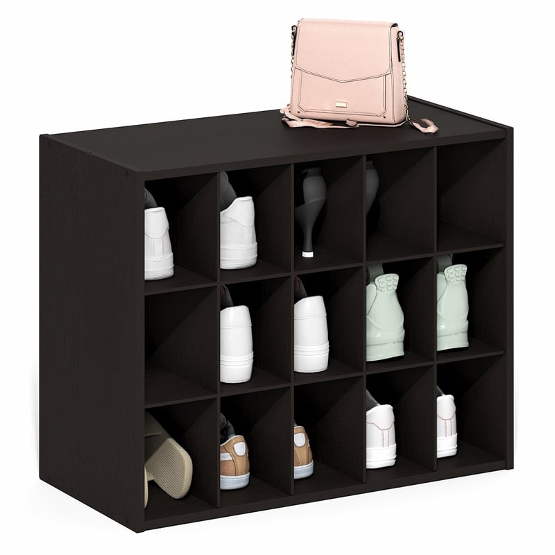 Pemberly Row 15-Cube Stackable Shoe Rack for Closet Entryway in Black Dark Oak