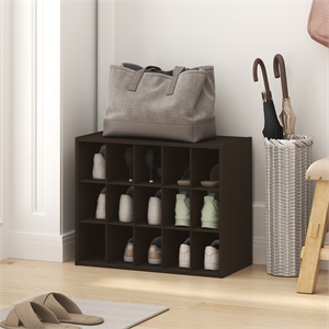 Pemberly Row 15-Cube Stackable Shoe Rack for Closet Entryway in Black Dark Oak