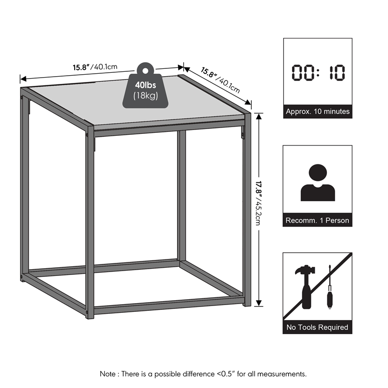 Pemberly Row Metal Frame Nightstand Toolless Side Table in Solid White
