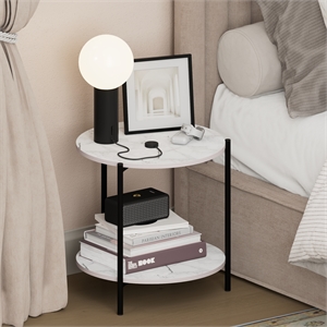 Pemberly Row 2-Tier Wide Round Nightstand Metal Legs End Table in Marble White