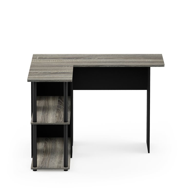 Pemberly Row Wood L-Shape Desk with Bookshelf in French Oak Gray/Black