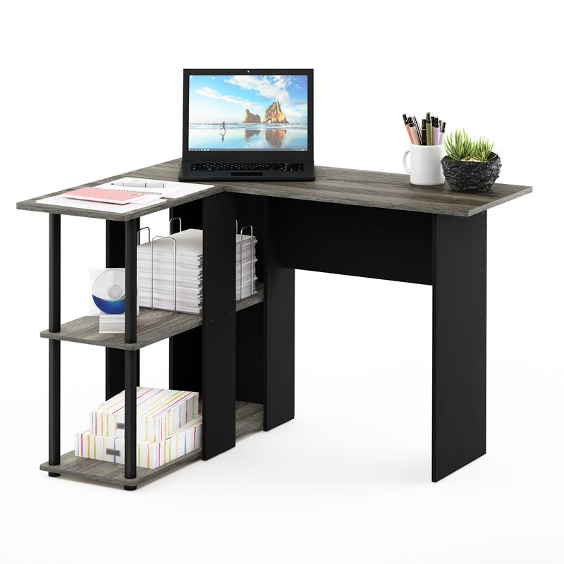 Pemberly Row Wood L-Shape Desk with Bookshelf in French Oak Gray/Black