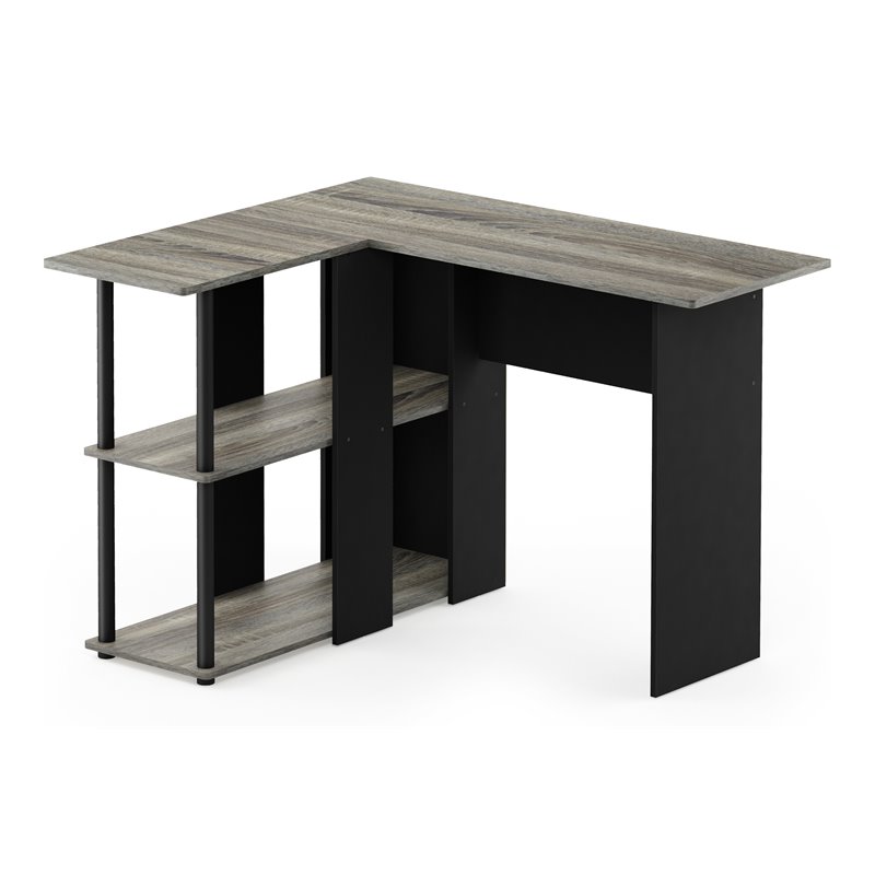 Pemberly Row Wood L-Shape Desk with Bookshelf in French Oak Gray/Black