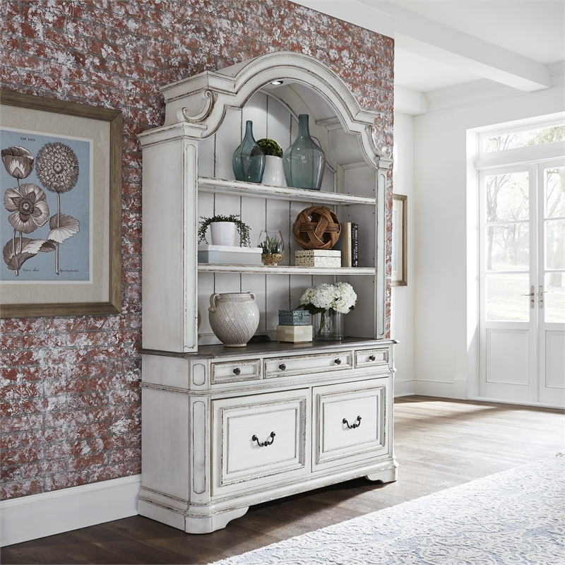 Pemberly Row White 3 Piece Desk and Hutch Set with Antique Pewter Hardware