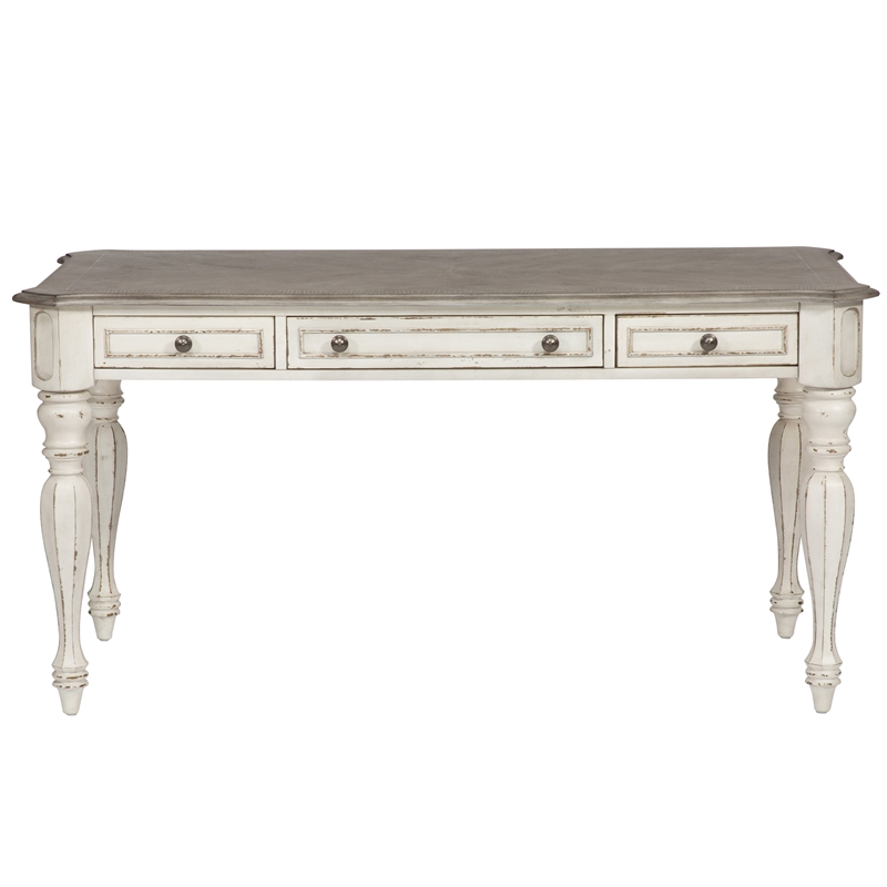 Pemberly Row White 3 Piece Desk and Hutch Set with Antique Pewter Hardware