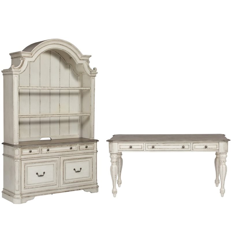 Pemberly Row White 3 Piece Desk and Hutch Set with Antique Pewter Hardware